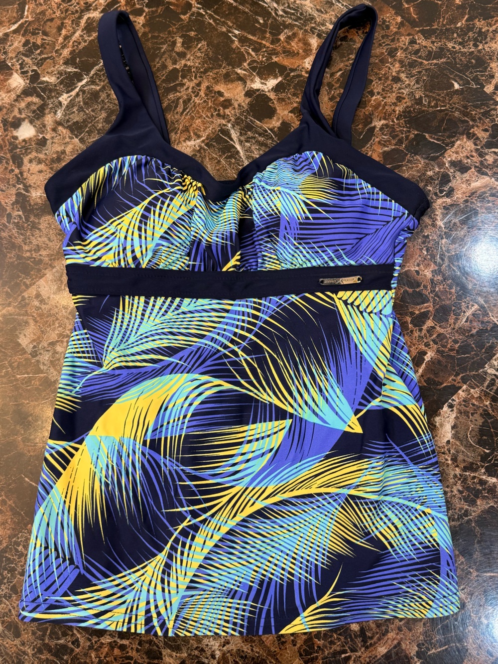 ZeroXposur Navy One-Piece Swimsuit with Yellow & Blue Tropical Leaf Print